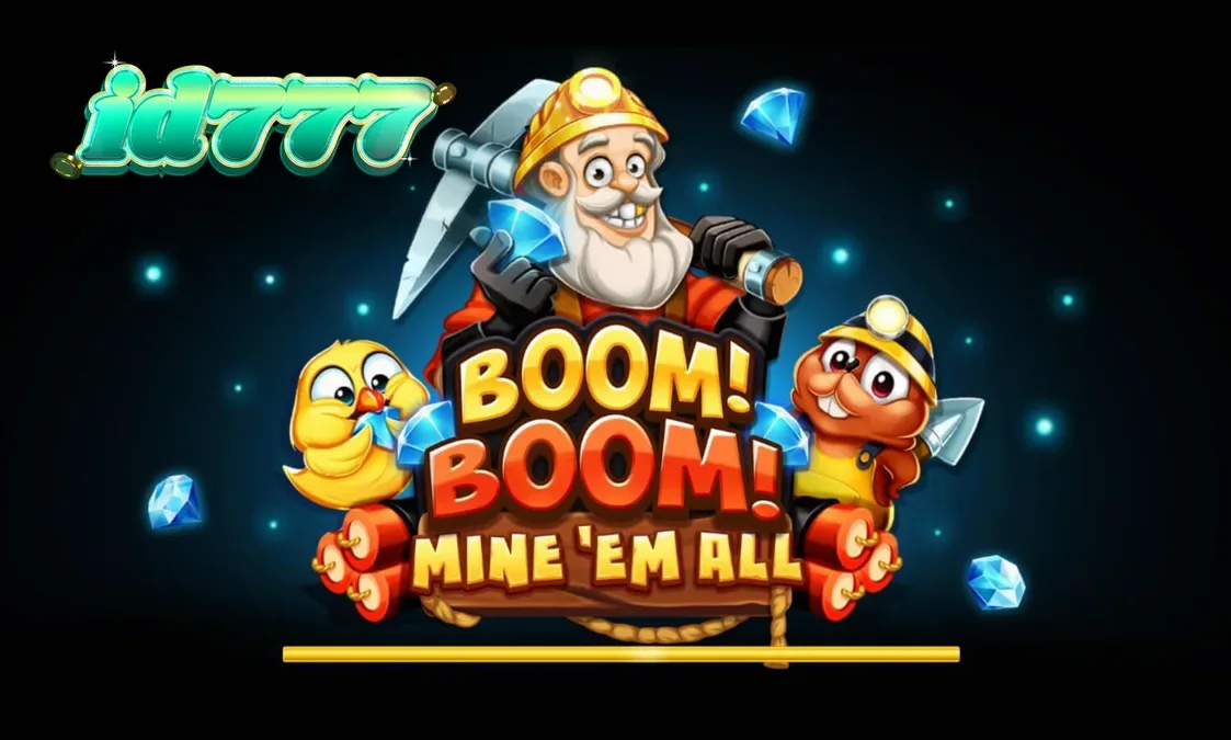 Tampilan visual slot Boom! Boom! Mine ‘Em All dengan tema pertambangan yang intens